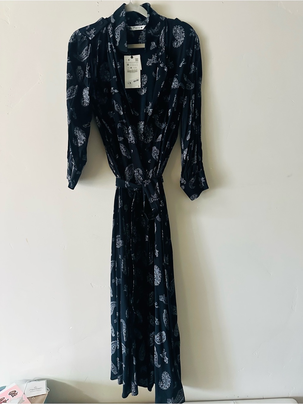 Zara Black Midi Wrap Dress with White Paisley Print